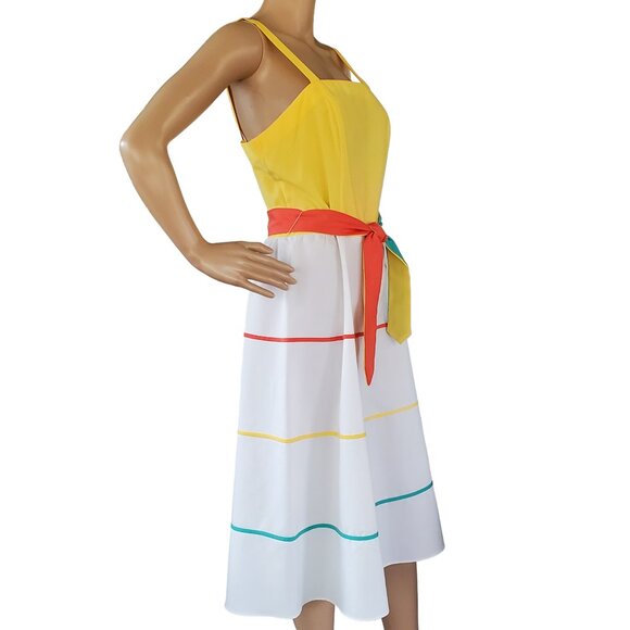 2 Piece Jacket Dress Women's S Sheath Sundress Midi Stripe Tie Belt Square Neck - Picture 3 of 12